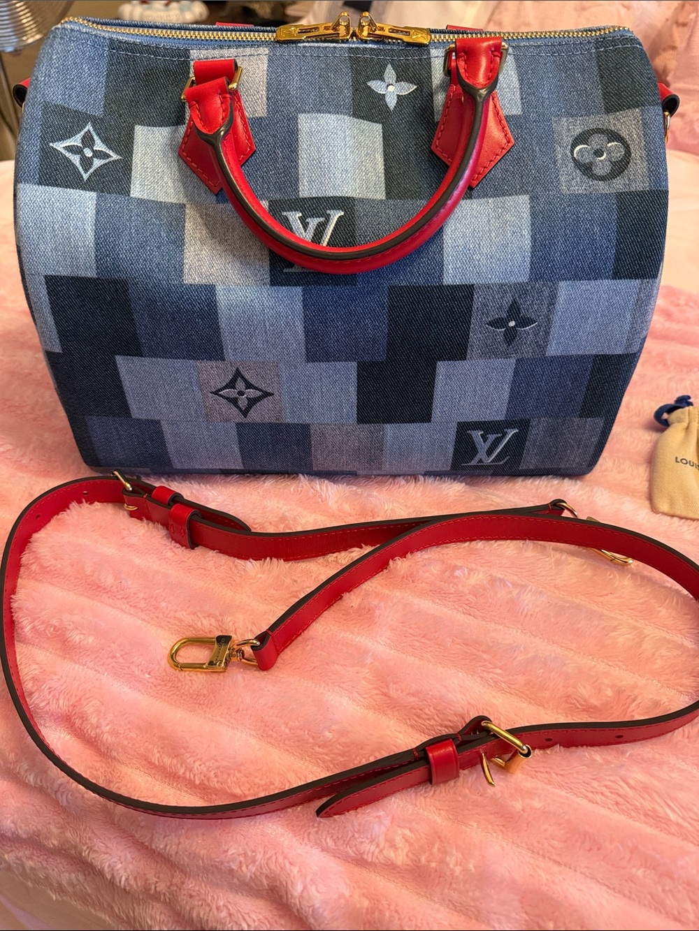 Louis Vuitton Blue Patchwork Denim Satchel with Red Trim and Strap